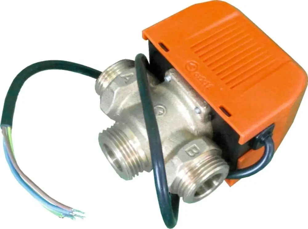 Zonenventil mit einem orangefarbenen Gehäuse und zwei Anschlüssen. Kabel sind sichtbar, geeignet für Heizungs- oder Kühlsysteme, hergestellt von Wolf.